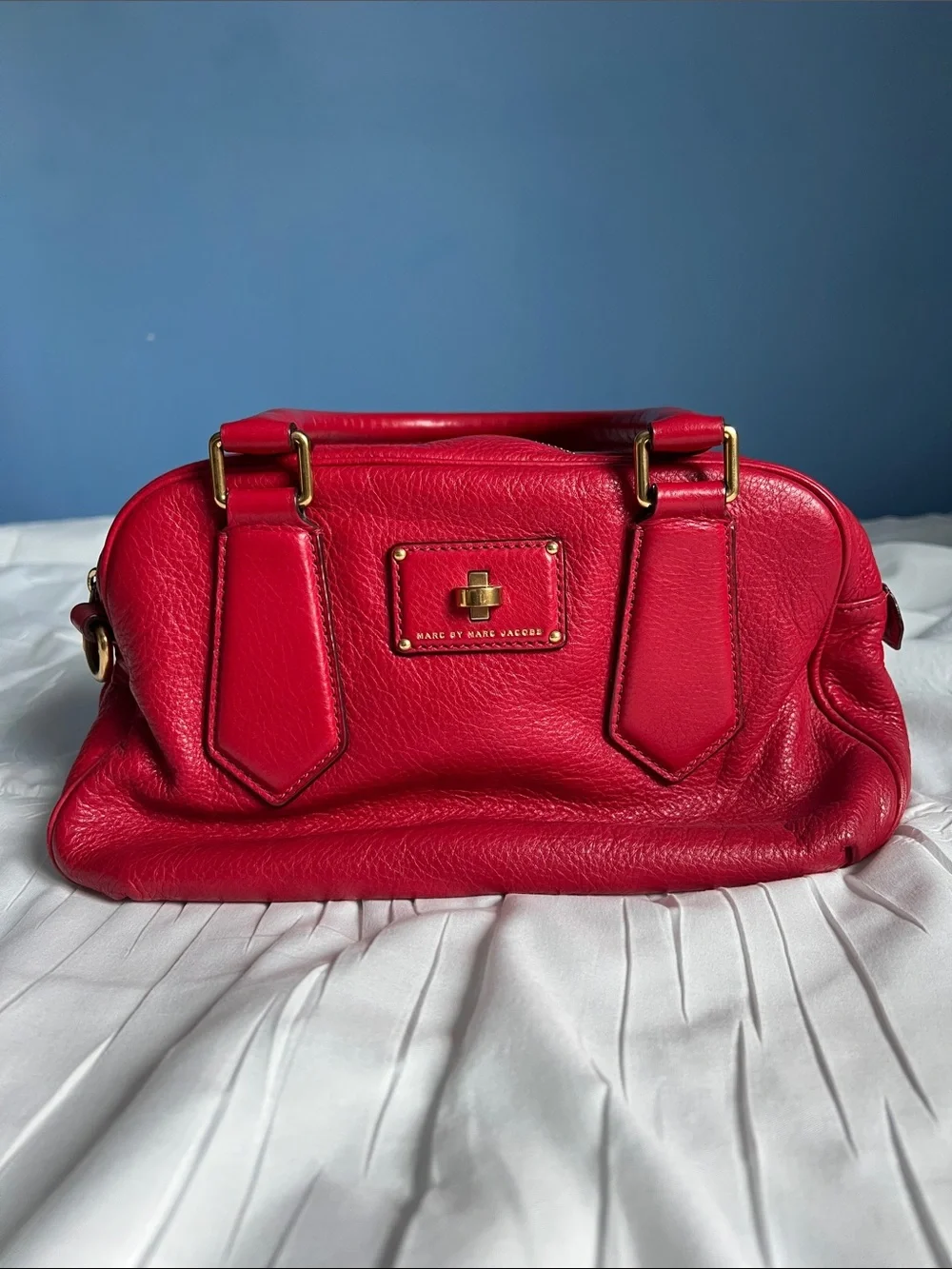 Marc by Marc Jacobs Vibrant Red Leather Satchel with Gold Hardware